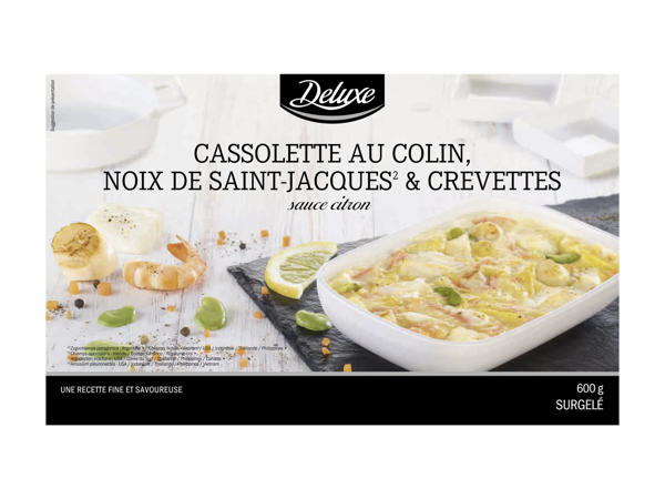Cassolette au colin, noix de Saint-Jacques et crevettes sauce citron