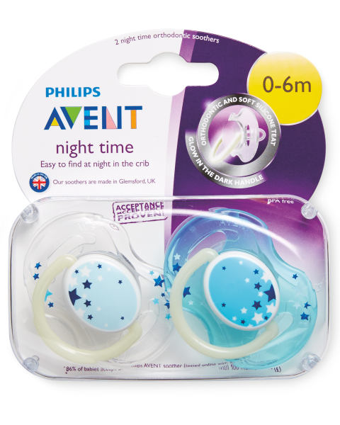Blue/White 0-6m Glow Soothers 2 Pack
