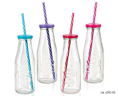 Gläser oder Flaschen mit Deckel und Trinkhalm, 4er-Set