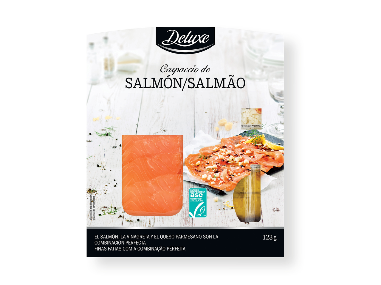 'Deluxe(R)' Carpaccio de salmón con virutas de parmesano