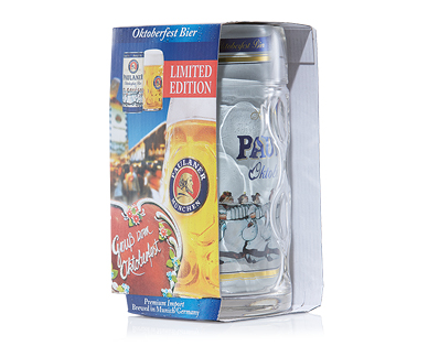Paulaner Oktoberfest Beer 1L Can and Glass Stein