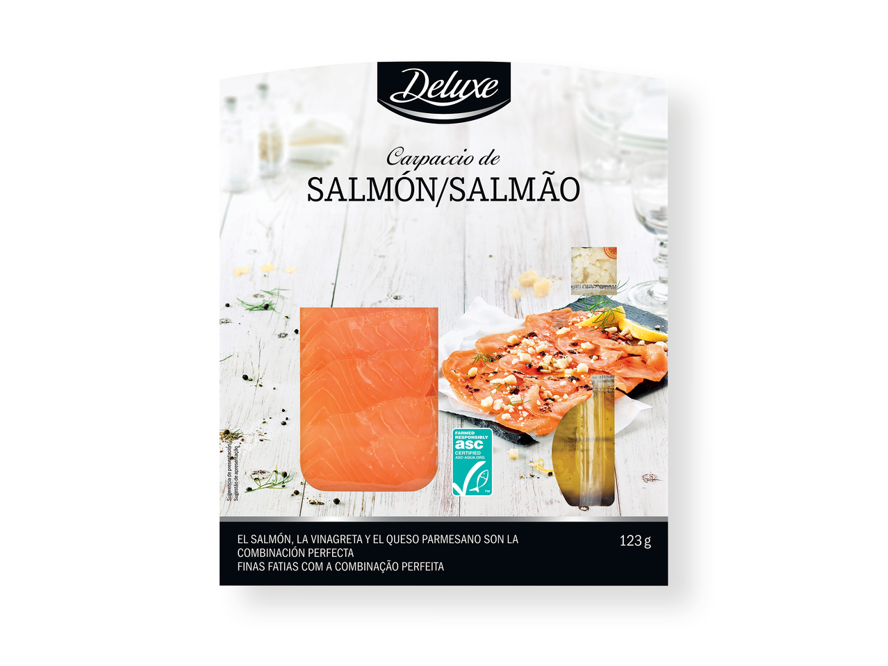 'Deluxe(R)' Carpaccio de salmón con virutas de parmesano
