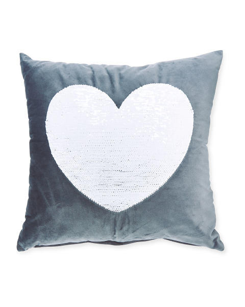 Charcoal Silver Sequin Heart Cushion