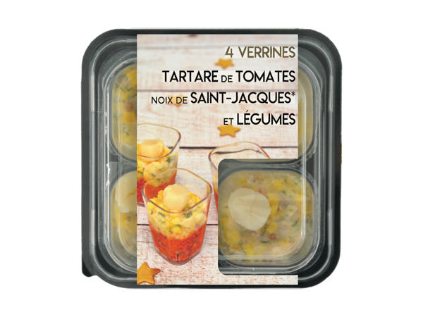 4 verrines tartare de tomates, noix de Saint-Jacques et légumes