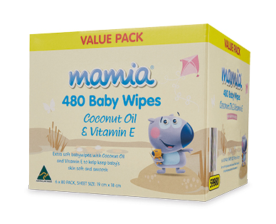 Mamia Baby Wipes 480pk – Coconut Oil & Vitamin E