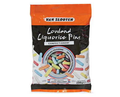 LOWLAND LIQUORICE PINS OR PEPPERMINT CHEWS 200G