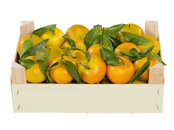 Caisse de mandarines avec feuilles
