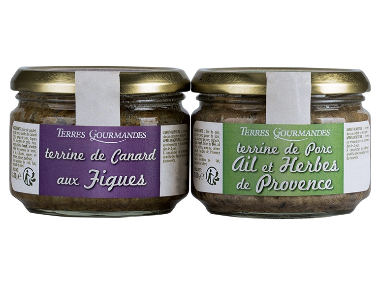 2 terrines de canard aux figues et de porc à l'ail et herbes de Provence