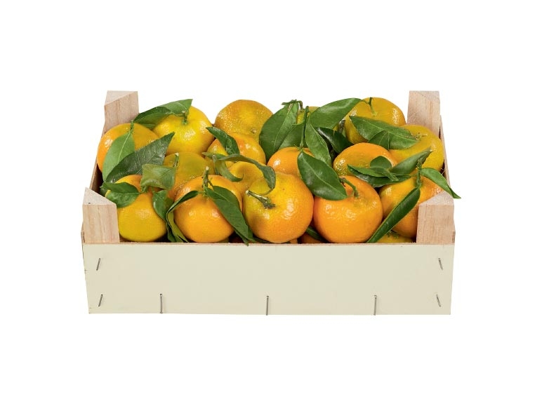 Mandarines avec feuilles dans une caisse