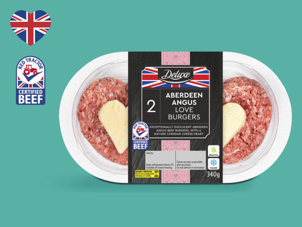 Deluxe 2 Aberdeen Angus Beef Love Burgers with Mature Cheddar Cheese Hearts