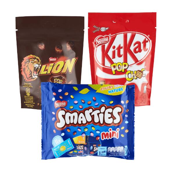 Smarties miniposer, KitKat Popchoc eller Lion